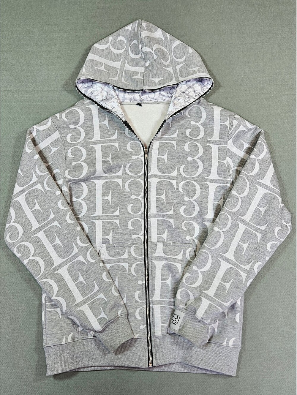 Y2K Street All Over Print Zip Up Hoodie Grey Monogram L "3E"
